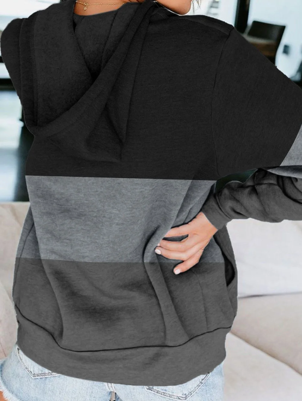 Color Block Hoodie Zipper Lace Hooded Womens Sweatshirt