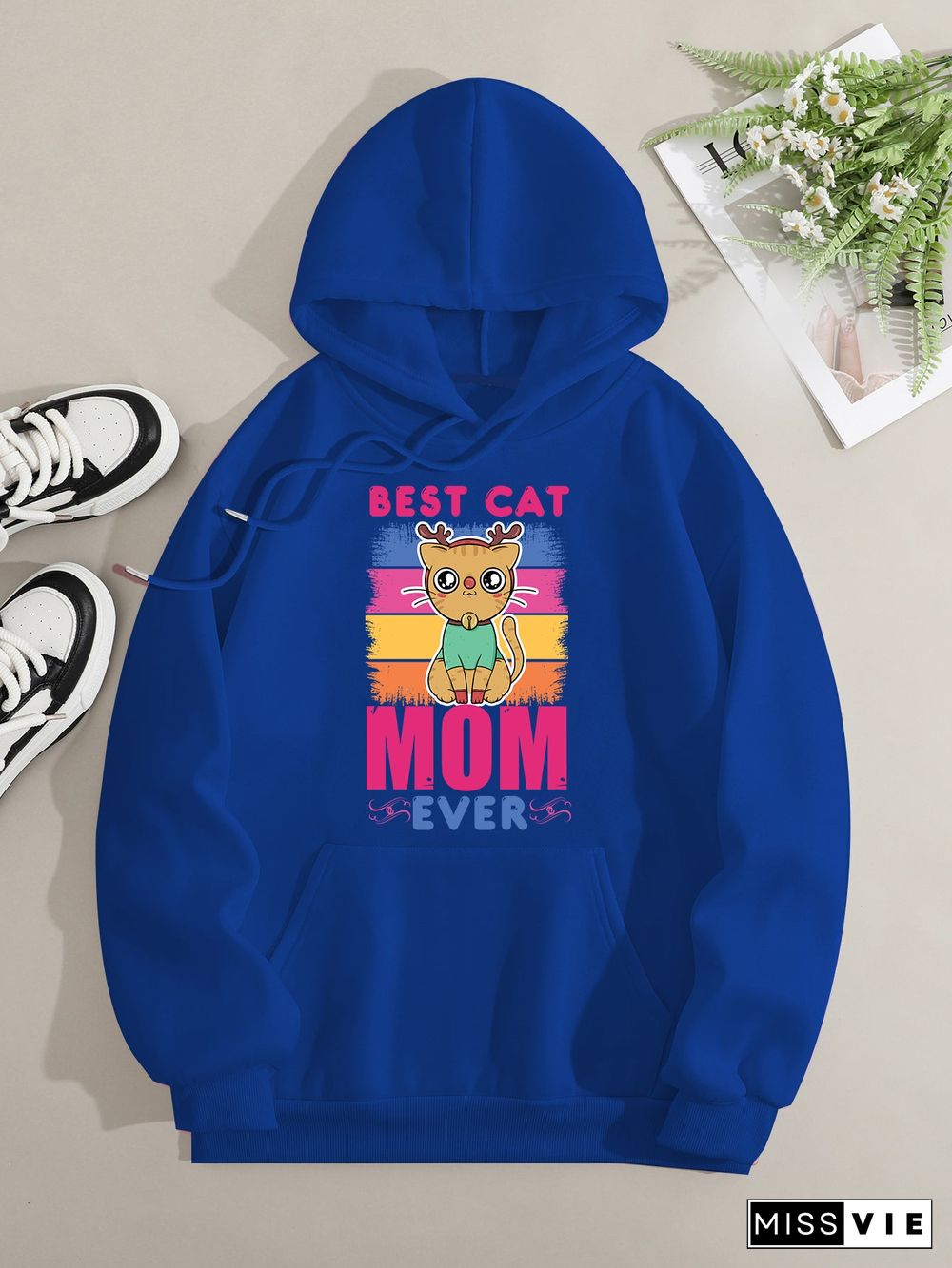 Printed on front Kangaroo Pocket Hoodie Long Sleeve for Women Pattern  Best Cat Mom Ever