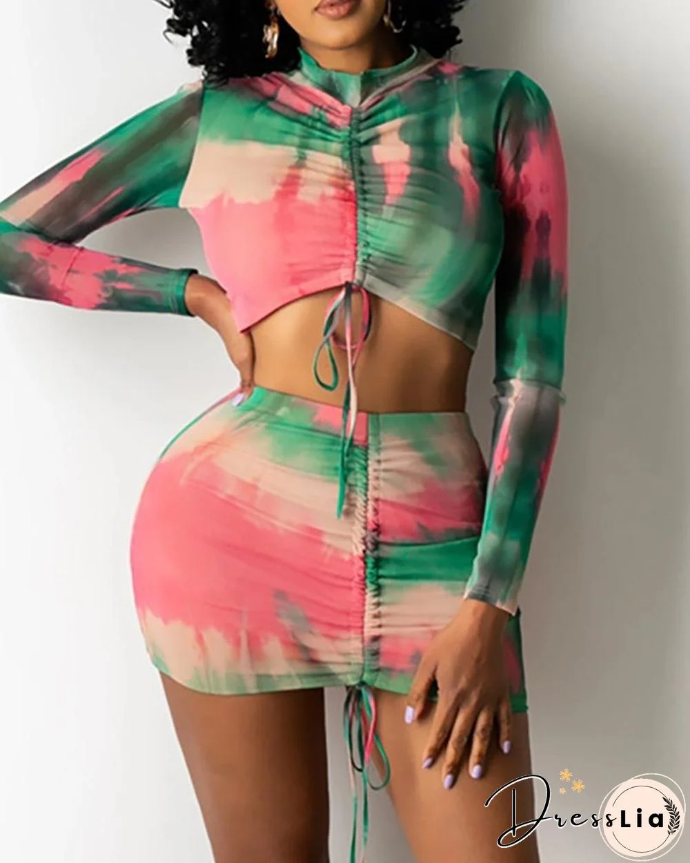 Tie Dye Print Long Sleeve Drawstring Crop Top & Skirt Set