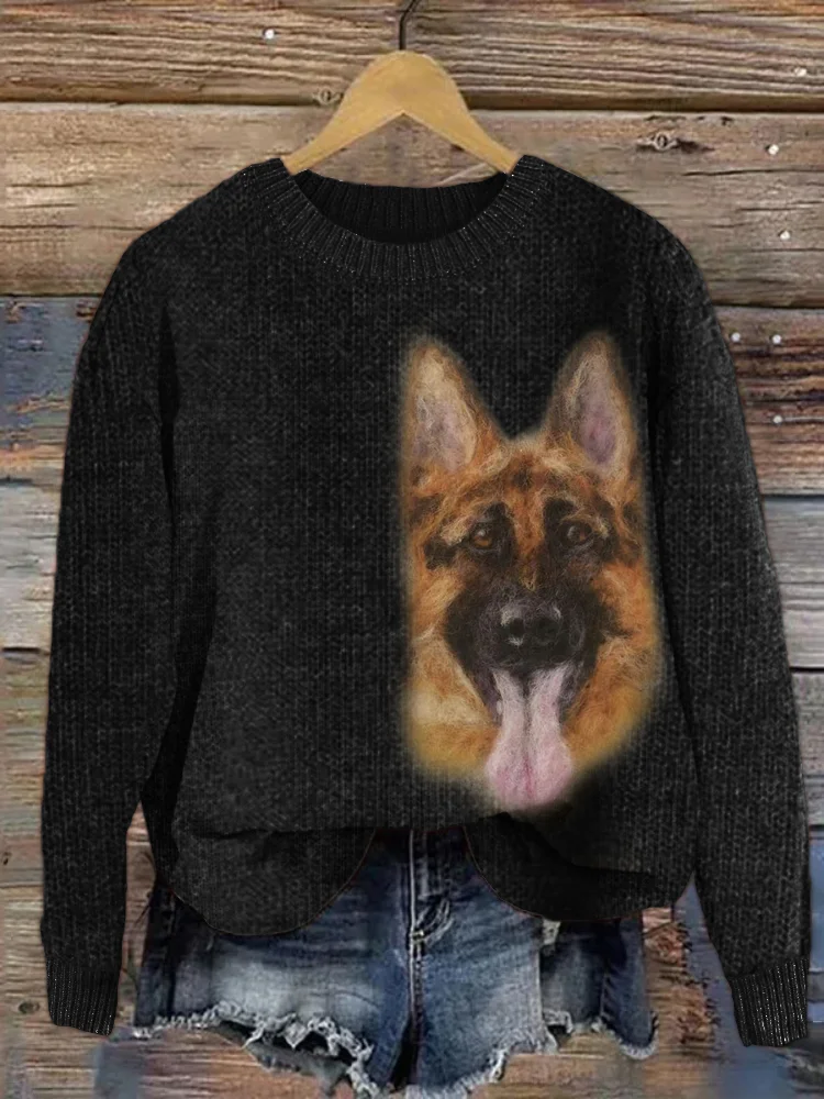 VChics German Shepherd Dog Felt Portrait Cozy Knit Sweater