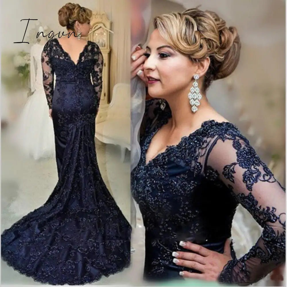 Ingvn - On Sale Charming Dark Navy Lace Mermaid Long Sleeve Mother Of The Bride Dresses V Neck