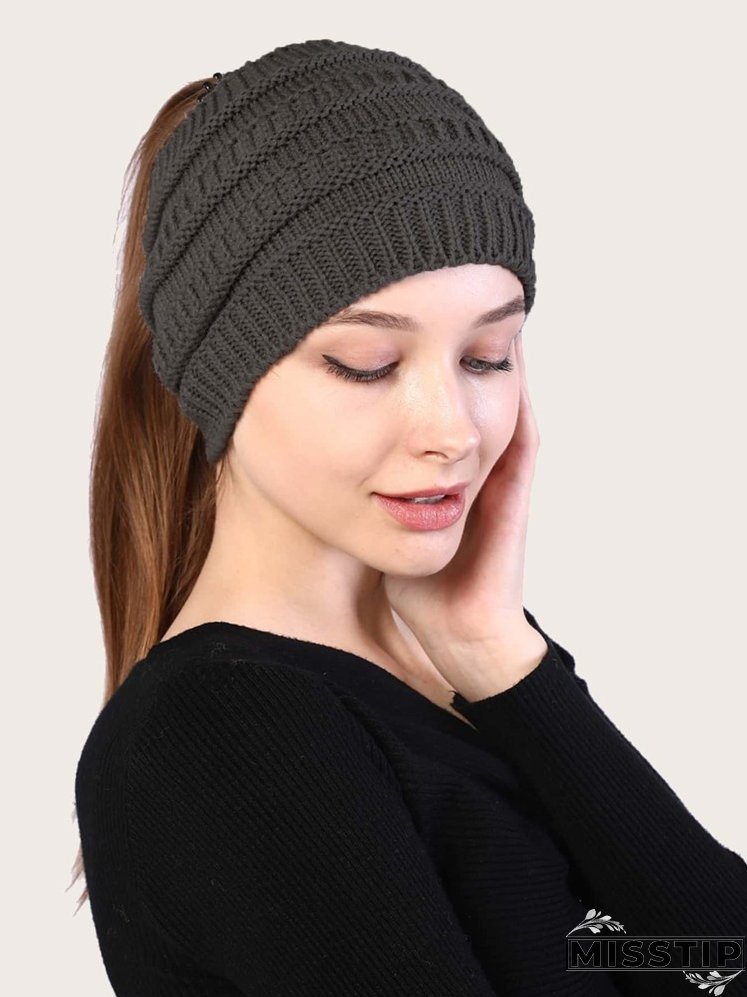 Solid Knitted Ponytail Beanie