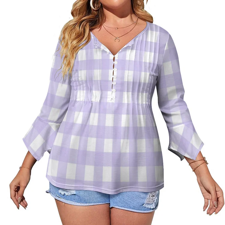 Blue White Purple Pink Gingham Check Women V Neck Button Half Placket Blouse casual print Petal 3/4 Sleeve Pullover Top - Heather Prints Shirts