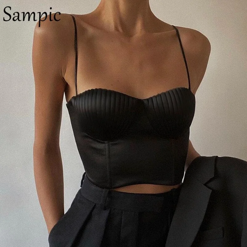 Sampic Vintage Stain Strap Off Shoulder Bustier Sexy Slim Women Crop Corset Top Summer 2021 Fashion Club Mini Vest Tank Tops