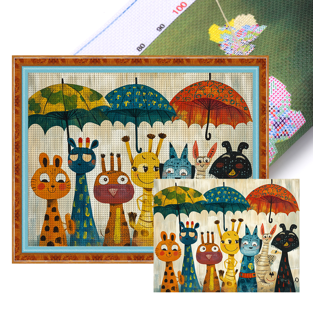 Animals With Umbrella Full 11CT Pre-stamped Canvas(60*50cm) Cross Stitch