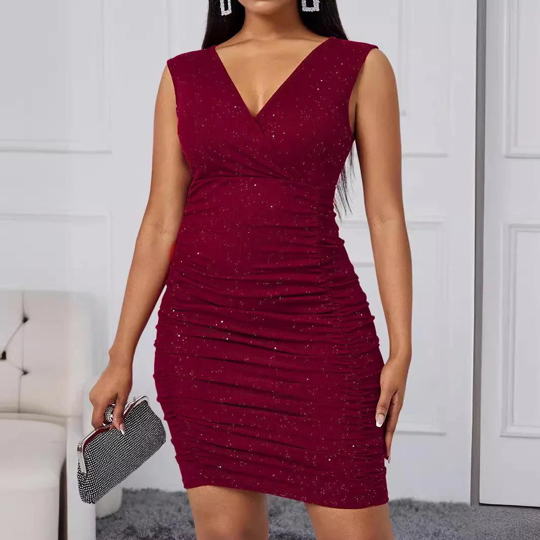 Uveng Uveng Solid-Color V-Neck Solid-Colored Sleeveless Sleeve-Less Sleeve-Bless Women's Dress