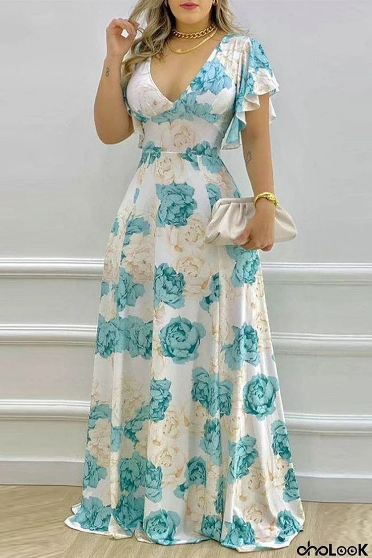 Elegant Floral Patchwork V Neck Irregular Dress Dresses