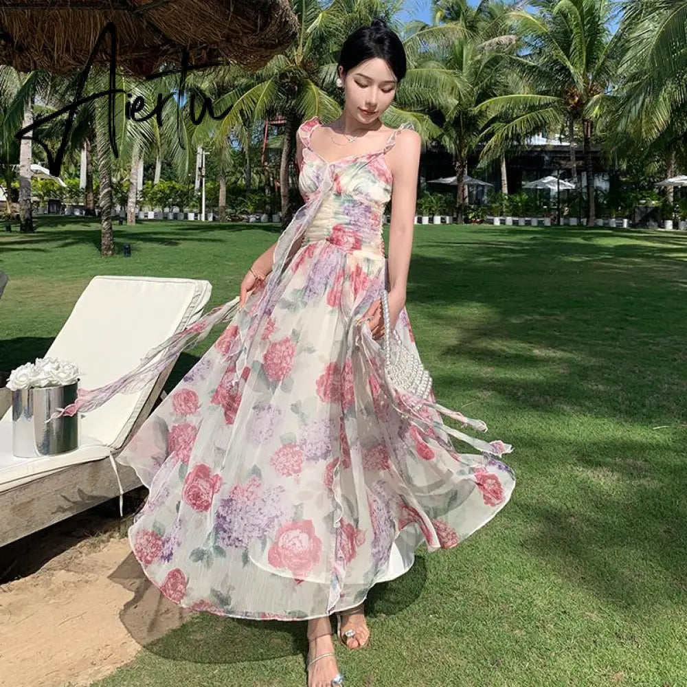Summer Floral Print Long Dress Women Sexy Slit Beach Sundresses Bohemian Elegant Wedding Guest Party Sleeveless Dress Aiertu