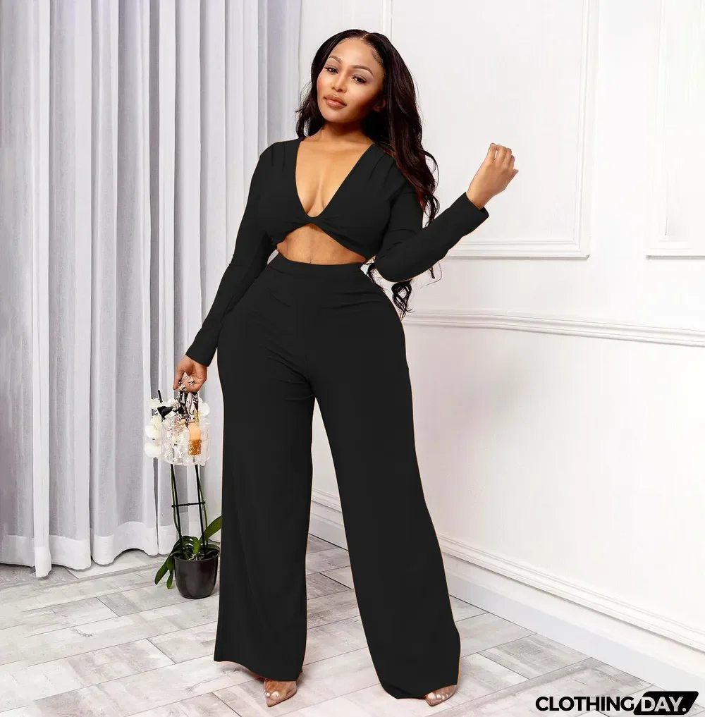 Solid V Neck Long Sleeve Wide Leg Pants 2 Piece Sets