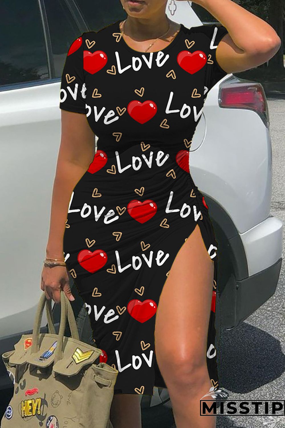 Red Yellow Casual Print Slit O Neck Short Sleeve Dress