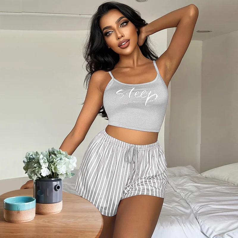 Uveng Uveng Sling Pyjamas Women's Sleet Shorts Set Letter Striped Print Lady's Home Clothes Can Be Worn