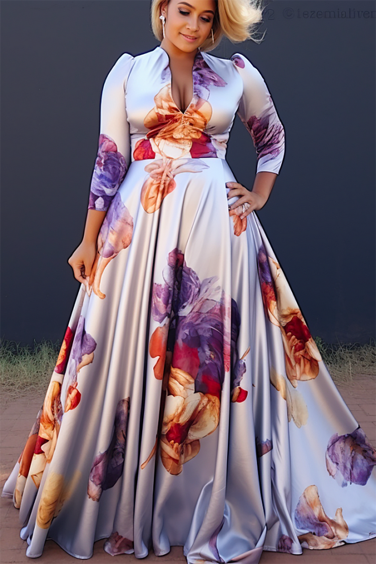 Plus Size Prom Maxi Dresses Elegant Multicolor Long Fall Winter V Neck 3/4 Sleeve Cotton Maxi Dresses [Pre-Order]