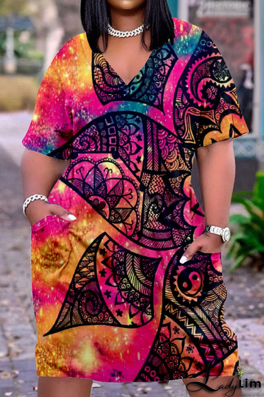 Colour Fashion Casual Print Basic V Neck Short Sleeve Dress