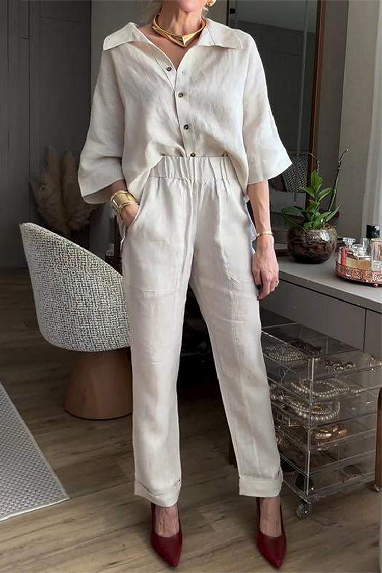 Linen Half Sleeve Turndown Collar Shirt Plain Pants Matching Set [Pre Order]