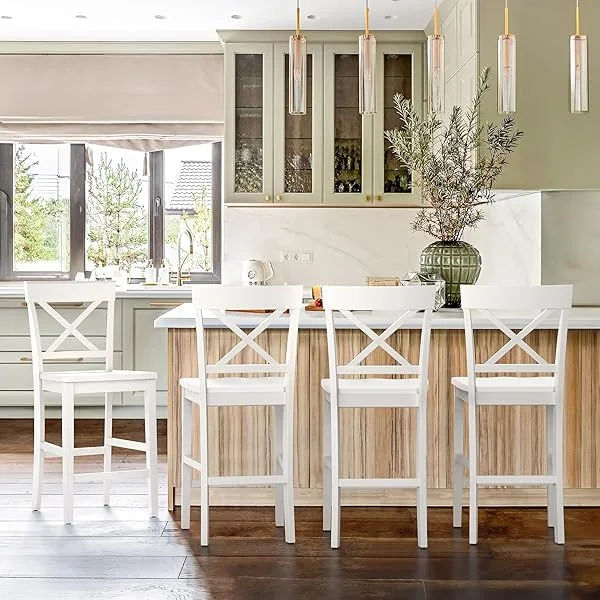 Counter Height Bar Stools Set of 4, 24" H Wooden Counter Stools with Back and Footrest, X-Back Farmhouse Barstools for Kitchen Island, Home Bar, White White 4