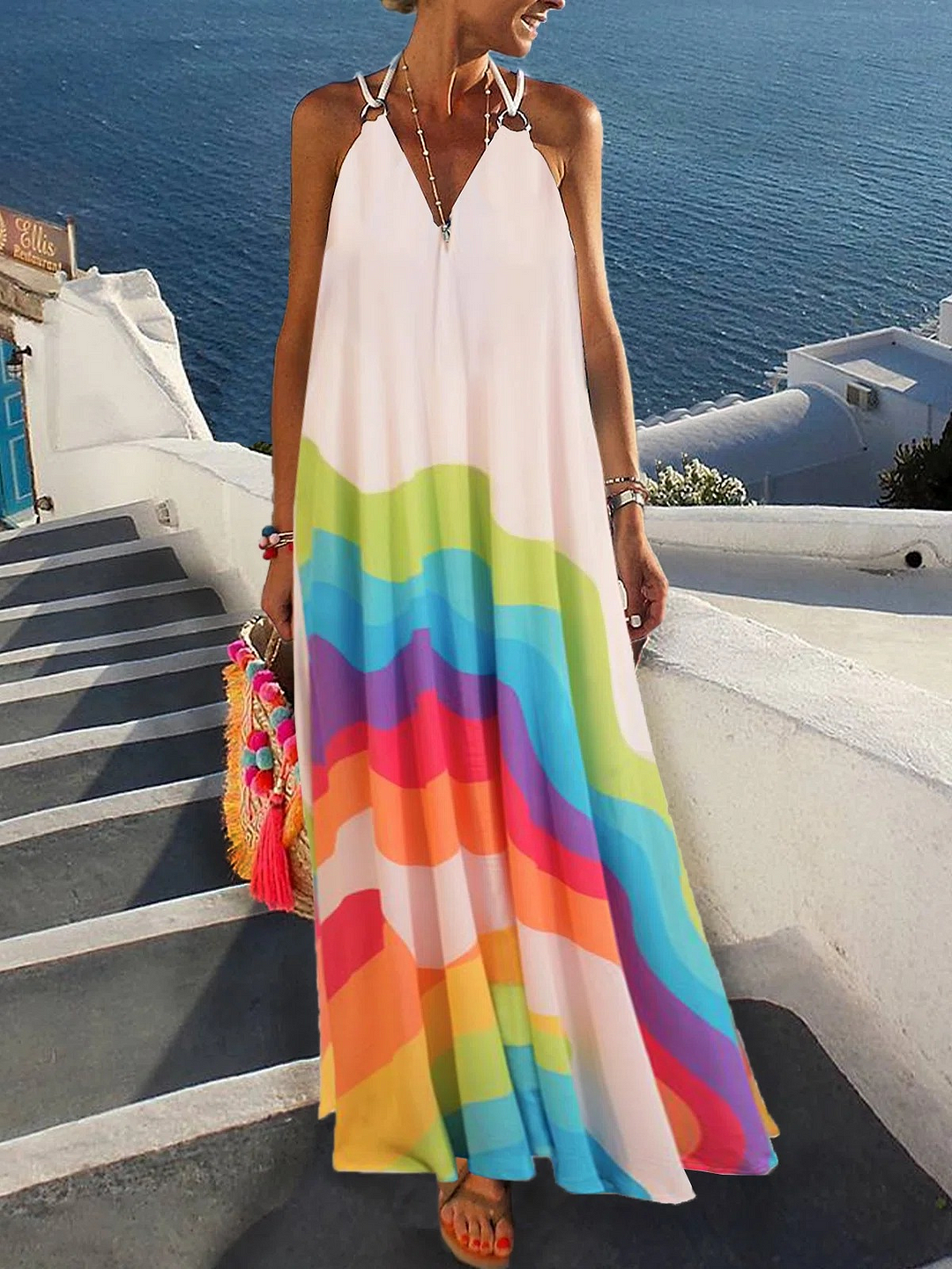 Casual  Vacation Color Lump Hollowed Out V Neck A Line Dresses