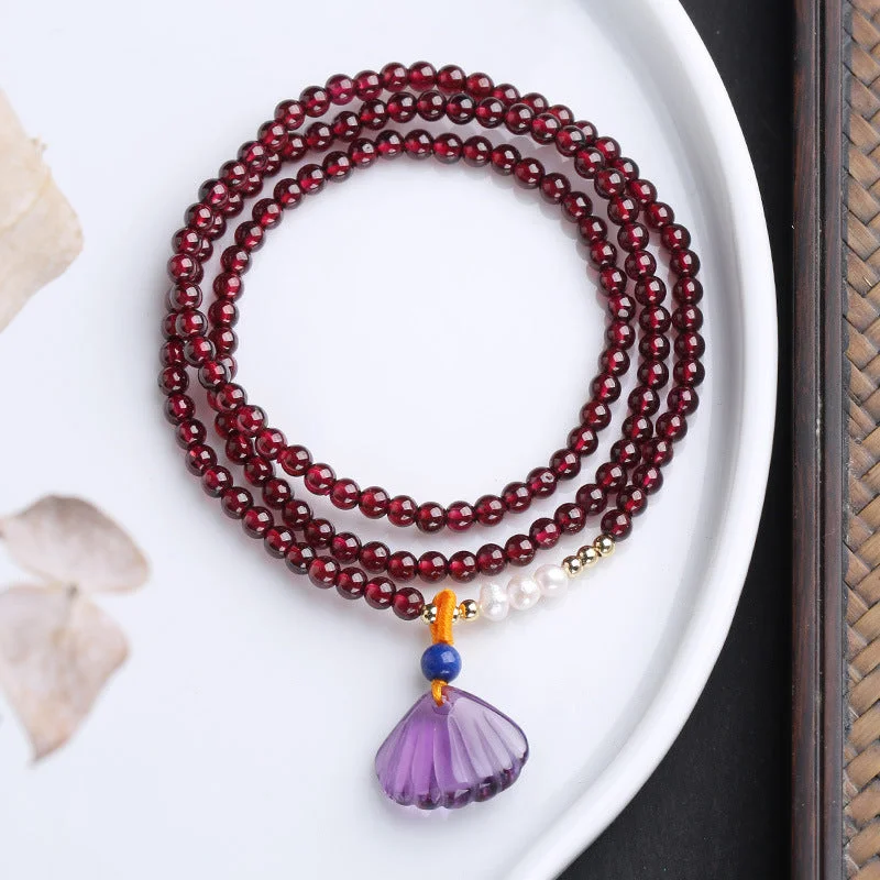 108 Purple Garnet Shell Pearl Mala Bracelet