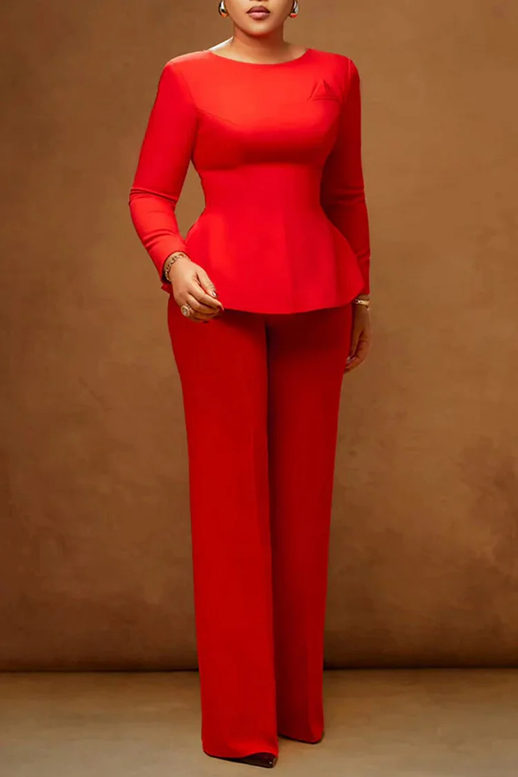 Plus Size Business Casual Red Round Neck Long Sleeve Button Elegant Two Piece Pant Sets [Pre-Order]