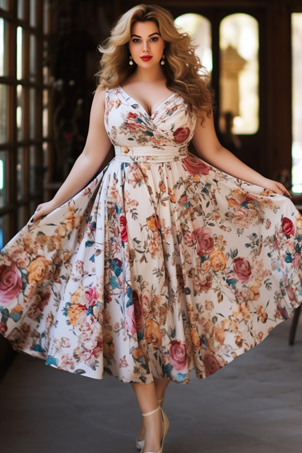 Flycurvy Plus Size Wedding Guest Red Cotton Wrap Floral Print Midi Dress 2024 - Flycurvy 