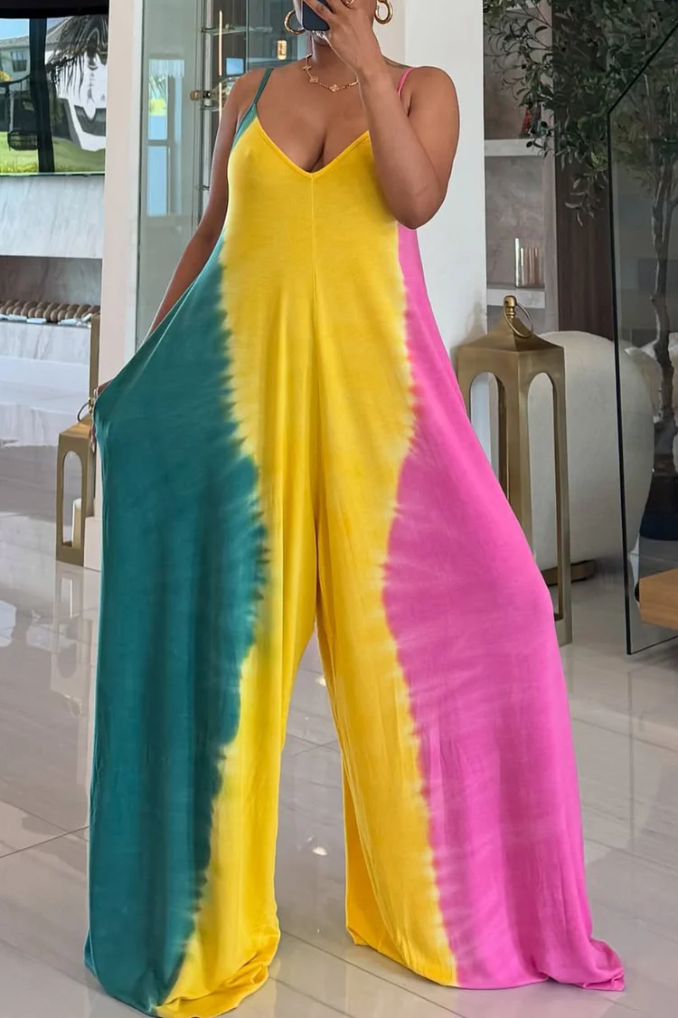 Plus Size Vacation Multicolor Tie Dye V Neck Pocket Casual Jumpsuits [Pre-Order] 2024 - Xpluswear