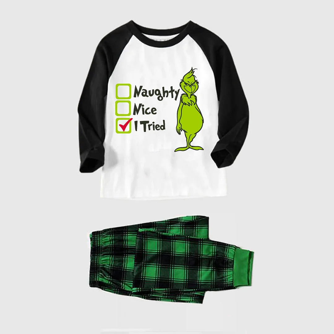 Christmas "Naughty&Nice& I Tried" Letter Print Patterned Casual Long Sleeve Sweatshirts Black Contrast Top and Black and Green Plaid Pants Family Matching Pajamas Sets With Pet Bandana