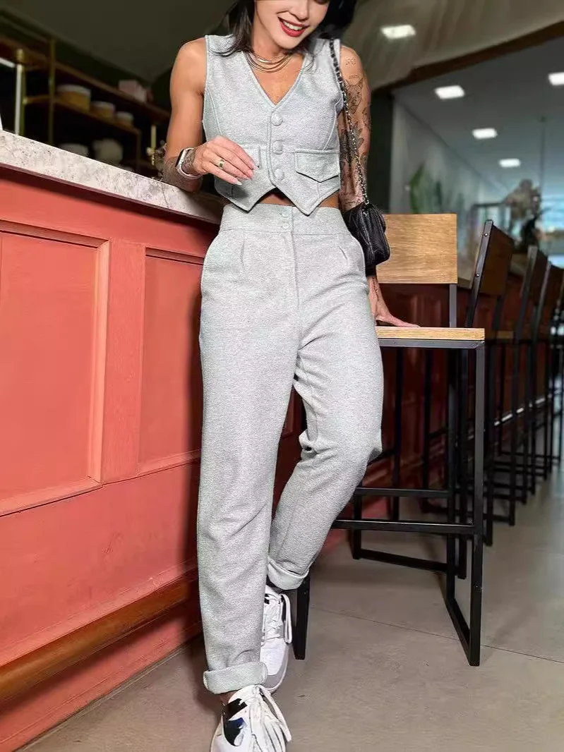 Uveng Uveng New Women's Wear Temperament Pure Color Sleeveless Vest Suit Casual Pants Two-Piece Suit