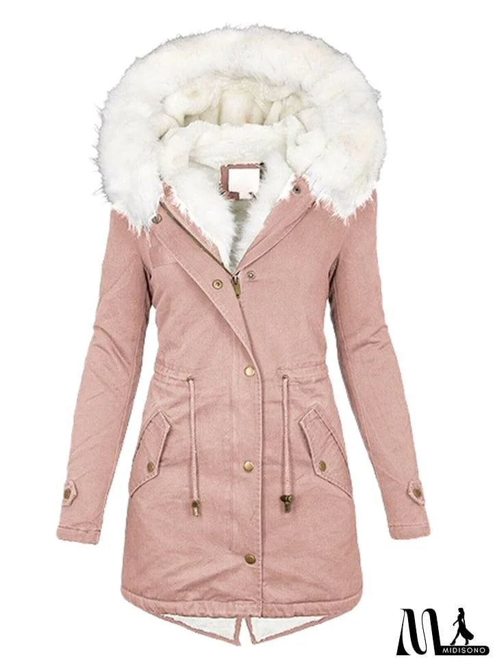 MidiSono - Female Thick Warm Plush Mid Length Hooded Coats