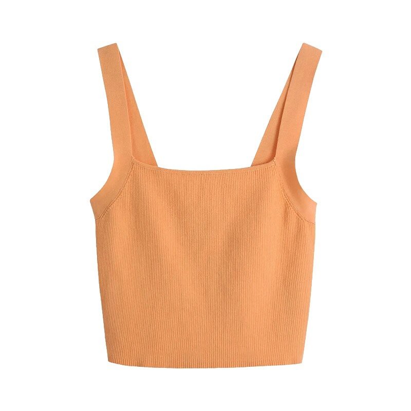TRAF Women Fashion With Wide Straps Cropped Knitted Tank Tops Vintage Square Collar Backless Female Camis Mujer