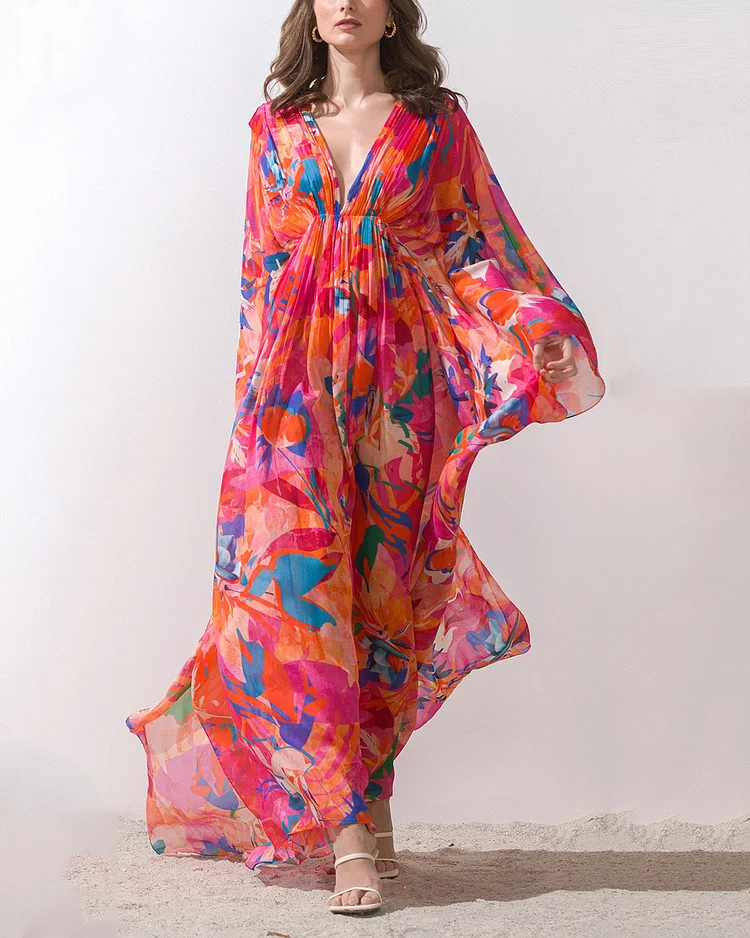 Pink Chiffon Floral Print Kaftan