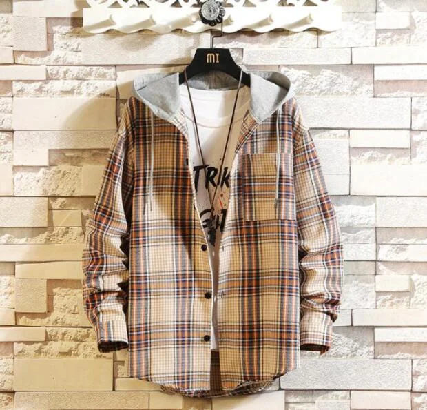 Casual Brand With Hooded Plaid Shirt Men Shirts Long Sleeves 2020 New Spring Autumn Plus Asian Size M-5XL