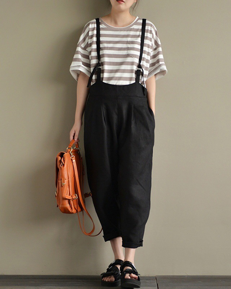 Wide Shoulder Strap Side Pockets Solid Color Jumpsuit