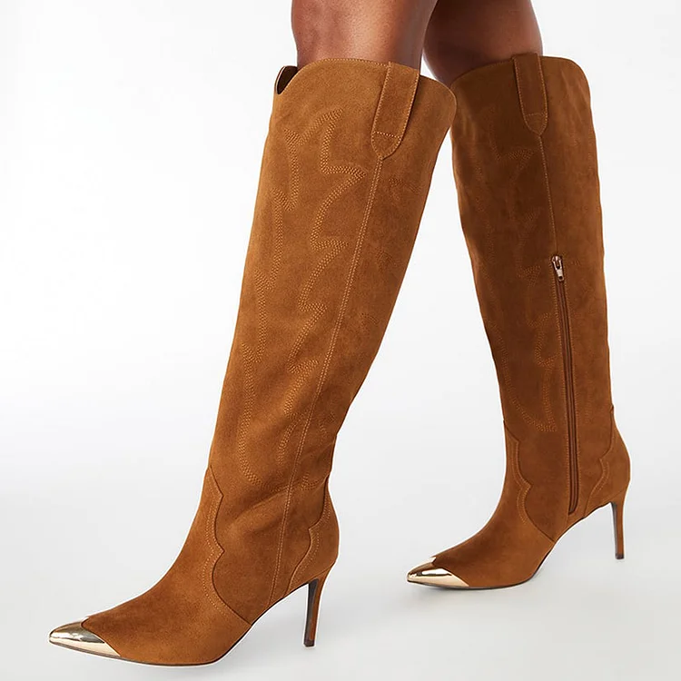 Classic Brown Vegan Suede Zipper Shoes Women'S Metal Toe Stiletto Heel Knee High Boots |FSJ Shoes