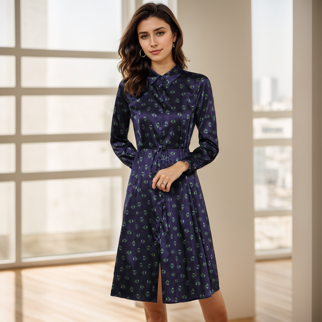 Long Sleeves Silk Dress Slim Fit Lace-up Belt Navy Blue REAL SILK LIFE