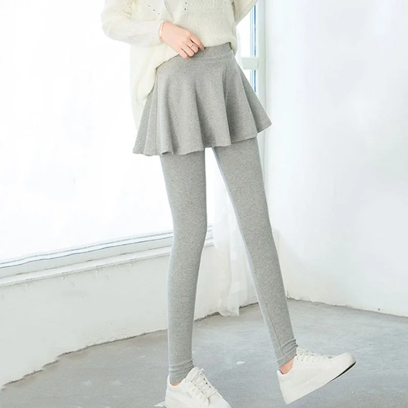 CUHAKCI  Women's False two-piece Fold Pleated Legging Mini Skirts Winter Sexy Leggings Grey Black Slim Fit Stretch Fashion