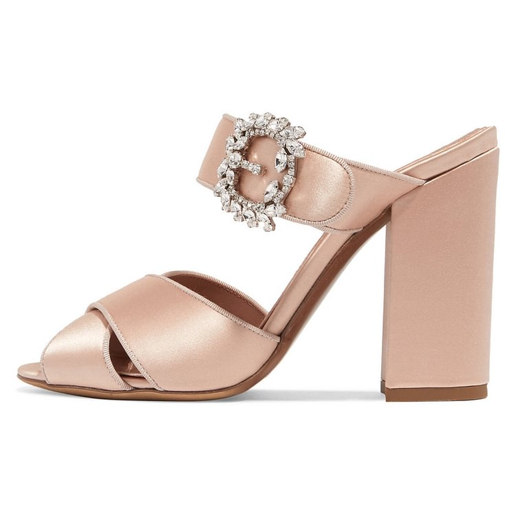 Blush Satin Wedding Heels Peep Toe Block Heel Mule Sandals |FSJ Shoes
