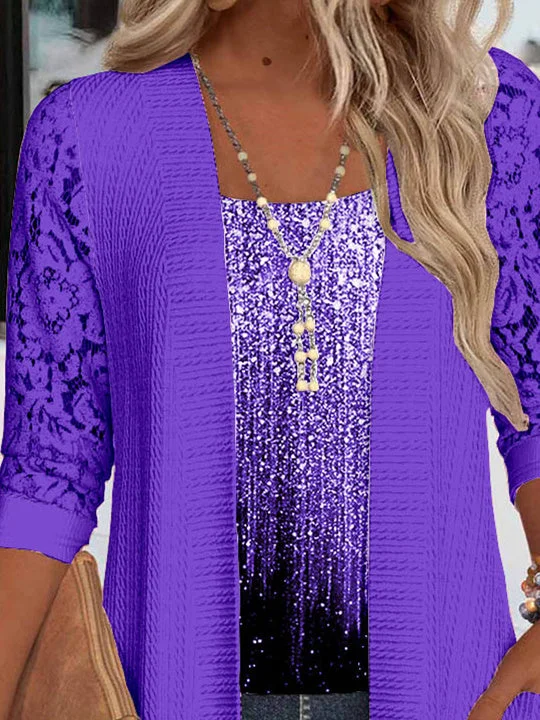 Women Long Sleeve Scoop Neck Polka Dot Printed Printed Graphic Pockets Lace Two-Pieced Tops