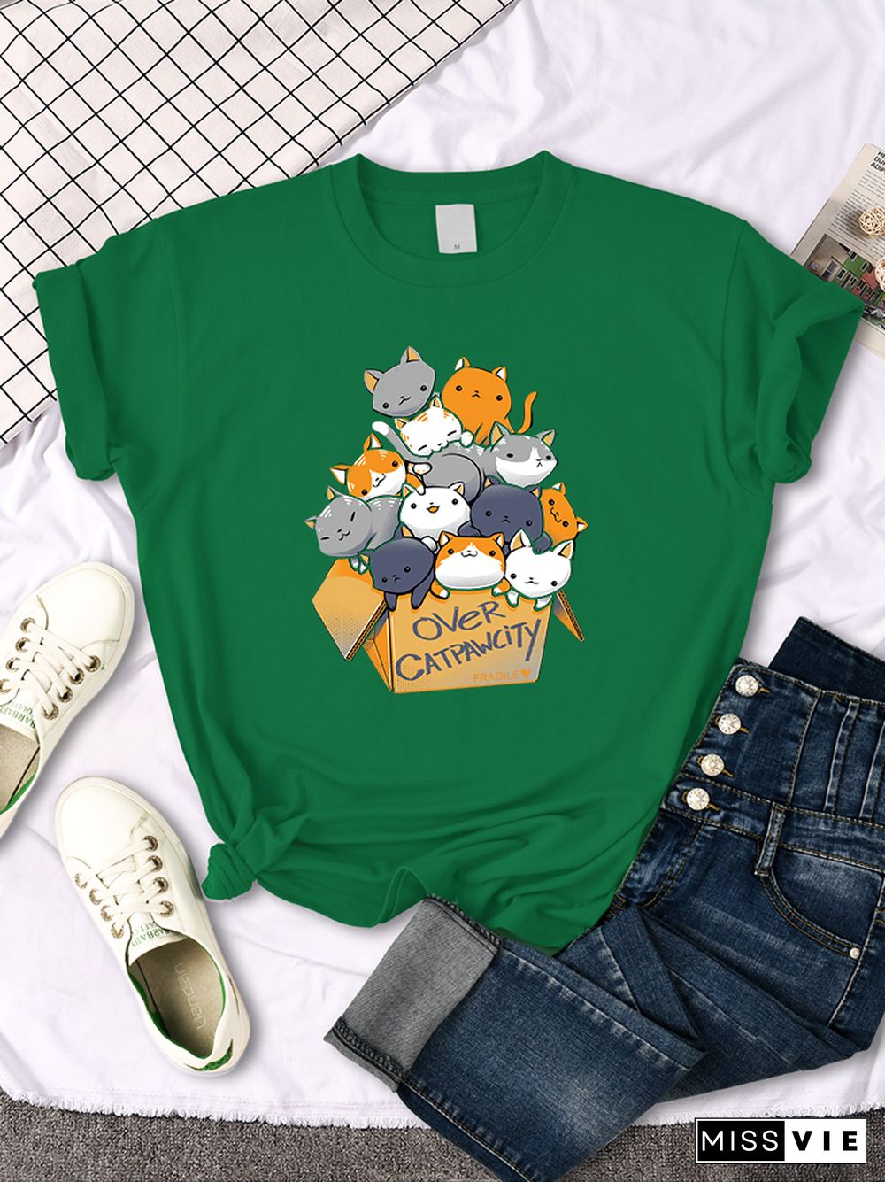 Womany Cats Gathered In The Printing Woman Tshirt Leisure Creativity T Shirt Summer Newtop Crewneck Breathable Woman T Shirts
