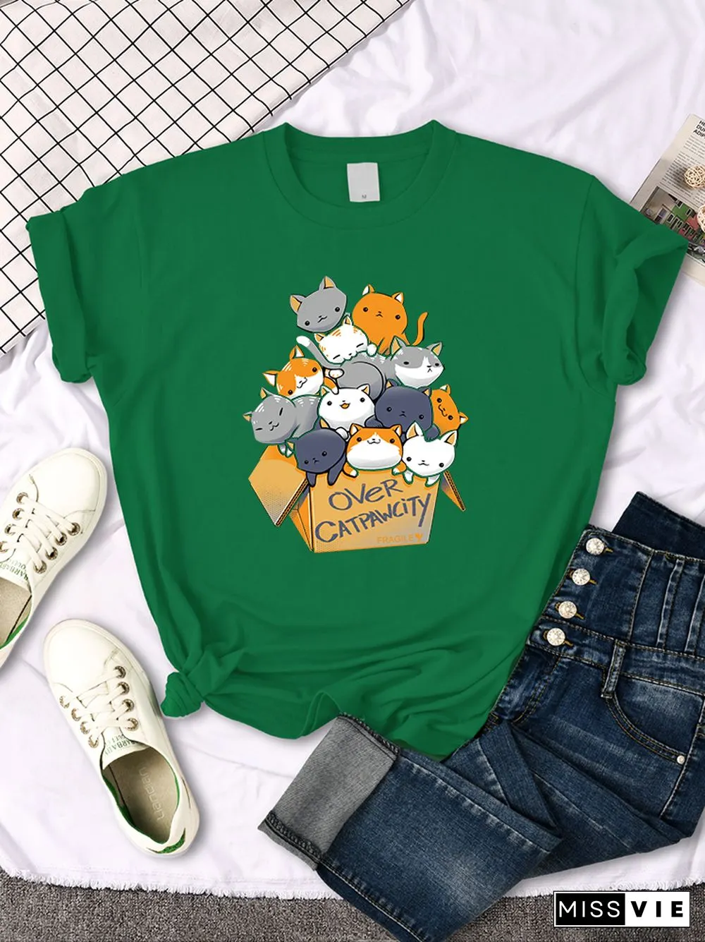 Womany Cats Gathered In The Printing Woman Tshirt Leisure Creativity T Shirt Summer Newtop Crewneck Breathable Woman T Shirts