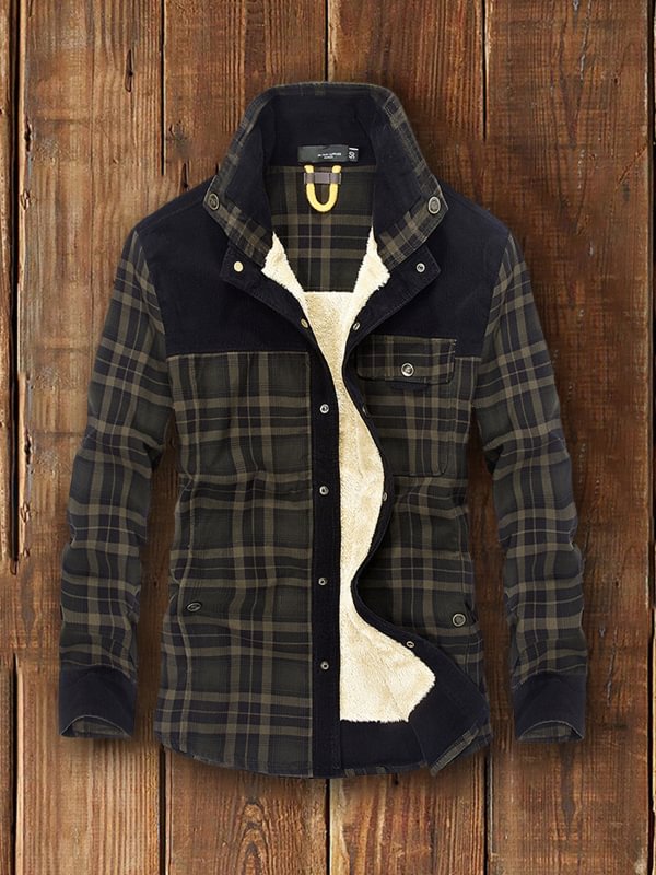 Men's fleece thickened long-sleeved plaid thermal jacket