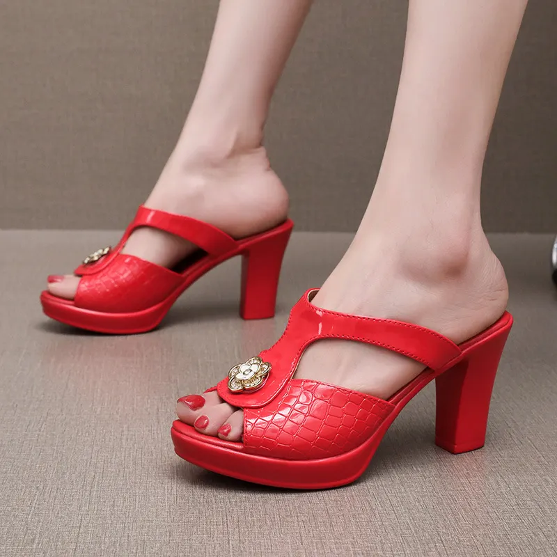 Breakj Breakj Fish Mouth Cool Slippers Women's Summer Waterproof Table Thick Bottom Thick Heel Hollow Fitting Room Shoes Drag Large Size Outside Wearing A Word Drag