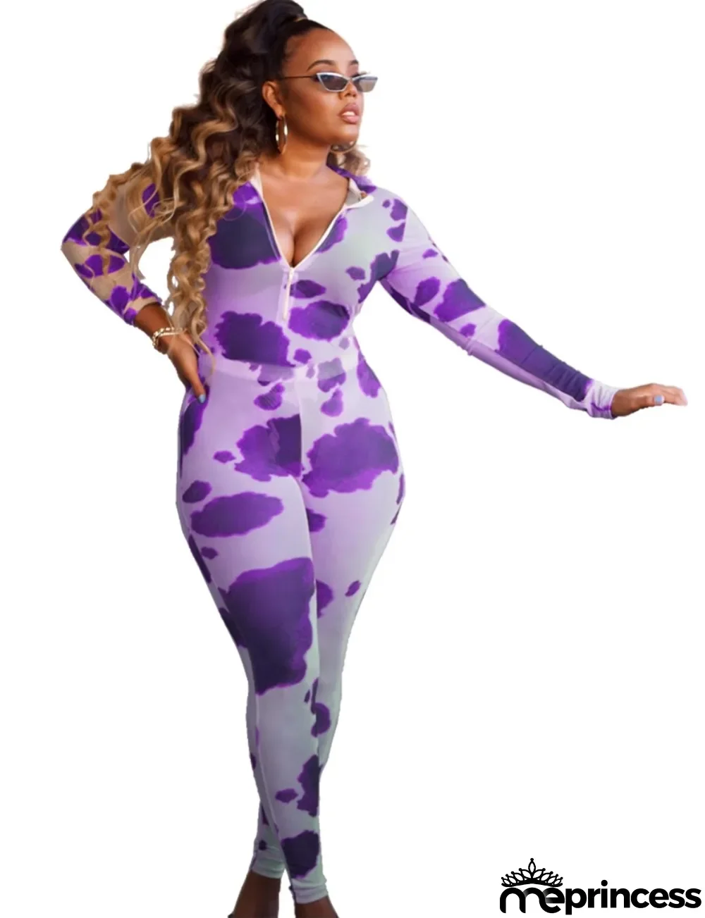 Party Sexy Long Sleeve Leopard Zipper Bodycon Jumpsuit