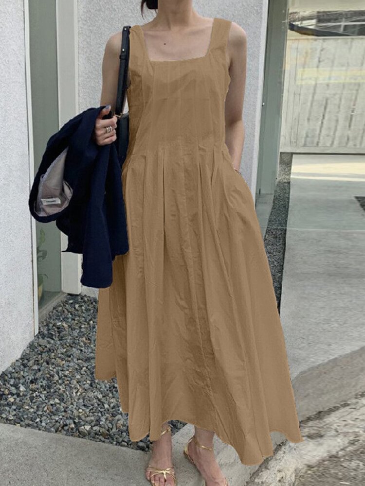 Solid Pocket Ruch Sleeveless Casual Maxi Dress