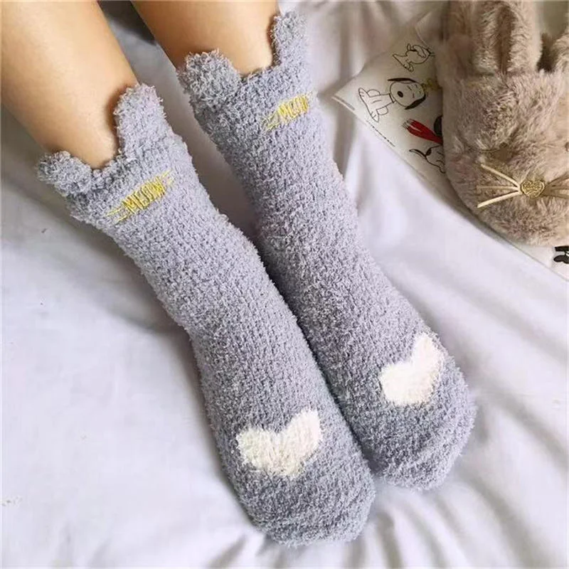 Winter Thicken Warm Women Socks Cute Cat Paw Cartoon Colorful Lovely Sleeping Home Floor Bedroom Socks Harajuku Kawaii Girl Sox