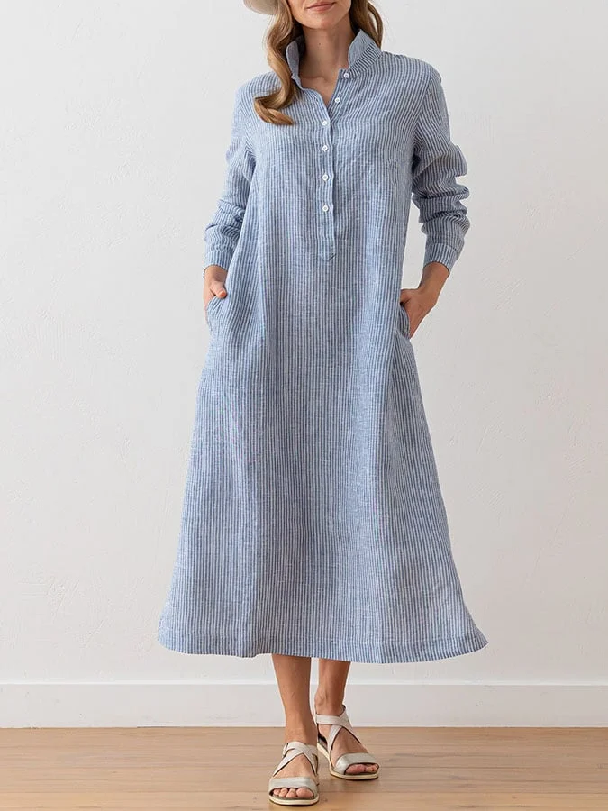 Women's Casual Long Sleeve Striped Print Button Shirt Dress