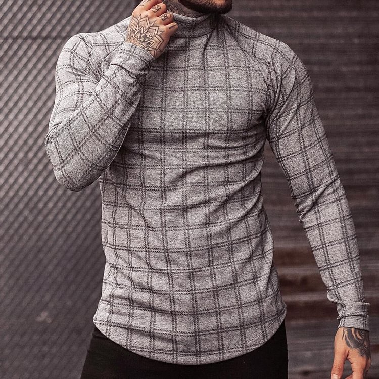 Checkerboard Turtleneck Long Sleeve T-Shirt