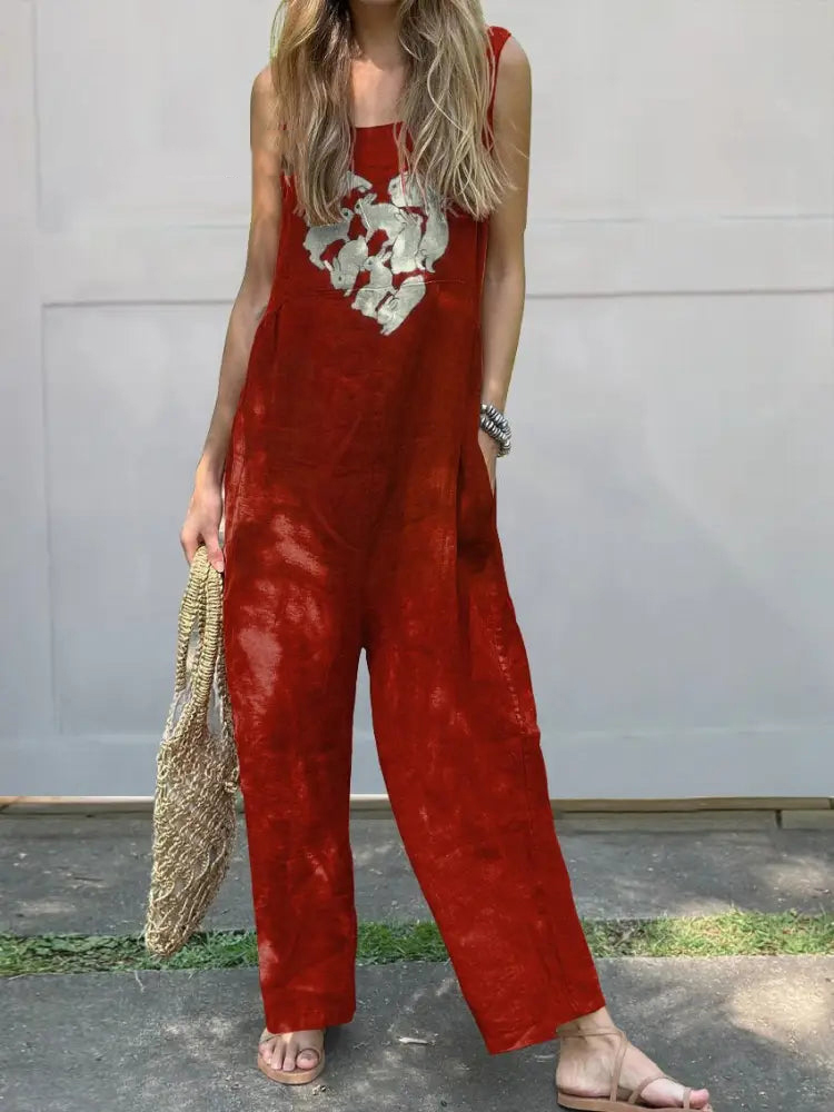 Heart Shape Rabbit Graphic Printed Women's Casual 100% Cotton Wide Leg Jumpsuit