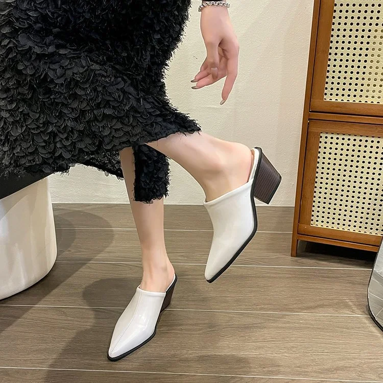 Yyvonne New Baotou Half Drag Woman Small Head Slope With High Heel Cool Drag Fashion Outside Wearing Bright Leather Lazy Muller Shoes