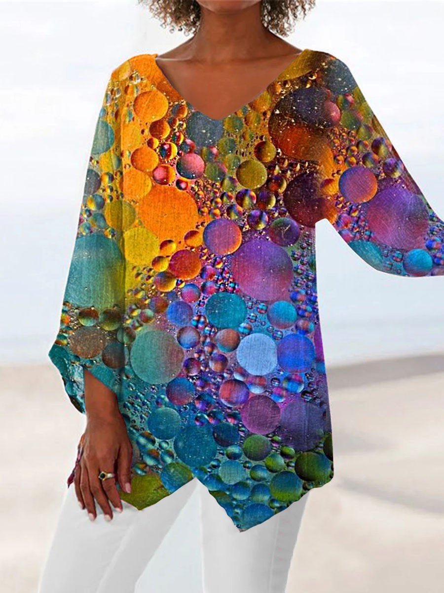 Women Asymmetrical 3/4 Sleeve V-neck Printed Graphic Top Dress
