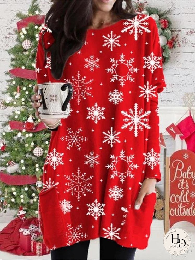 Dresses Christmas Print Pocket Bat Long Sleeve Dress for Women