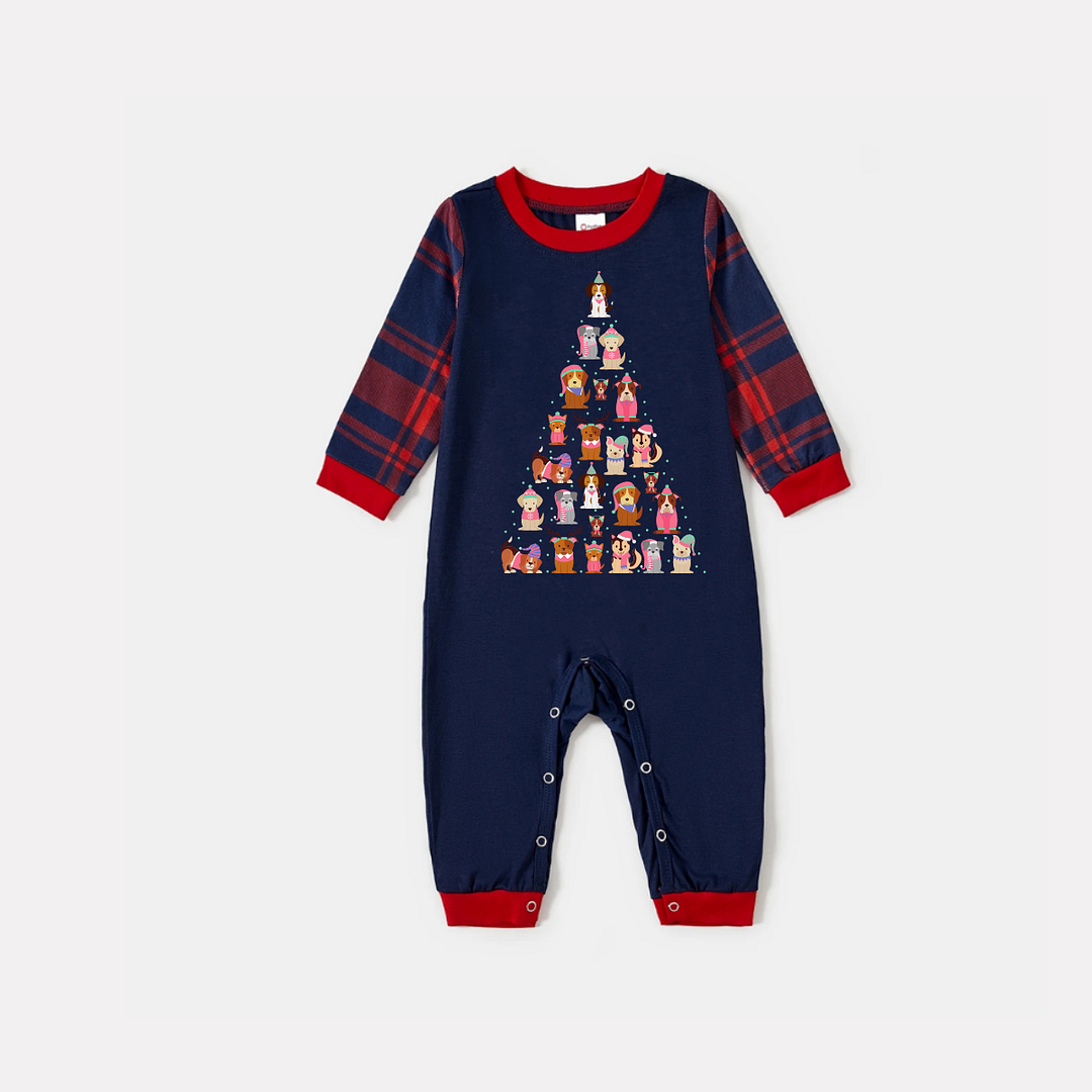 Cute Dog Prints Blue Long Sleeves Top with Red & Blue Plaid Pants Family Matching Pajamas